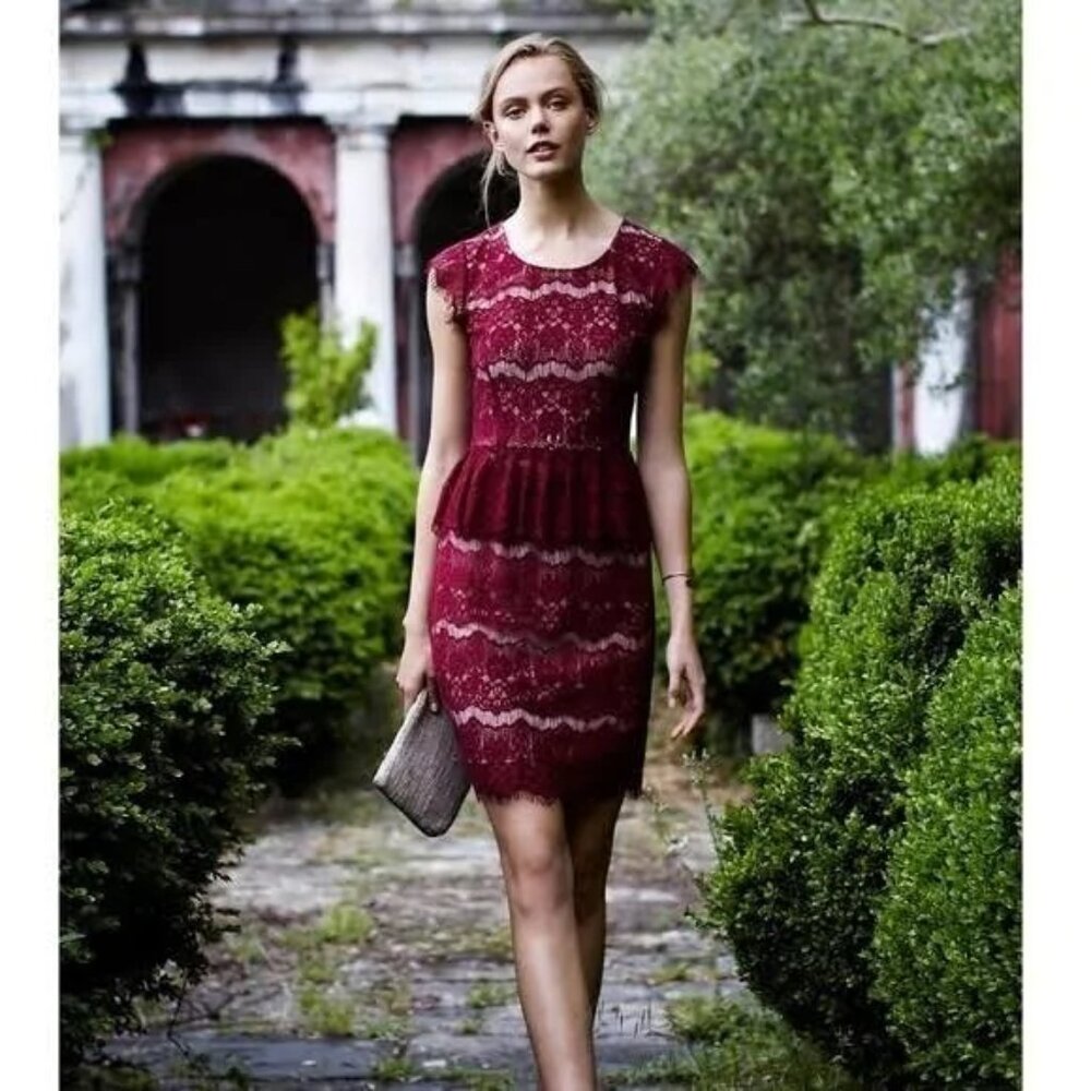 Anthropologie Maeve maroon lace peplum sheath dress, size XS